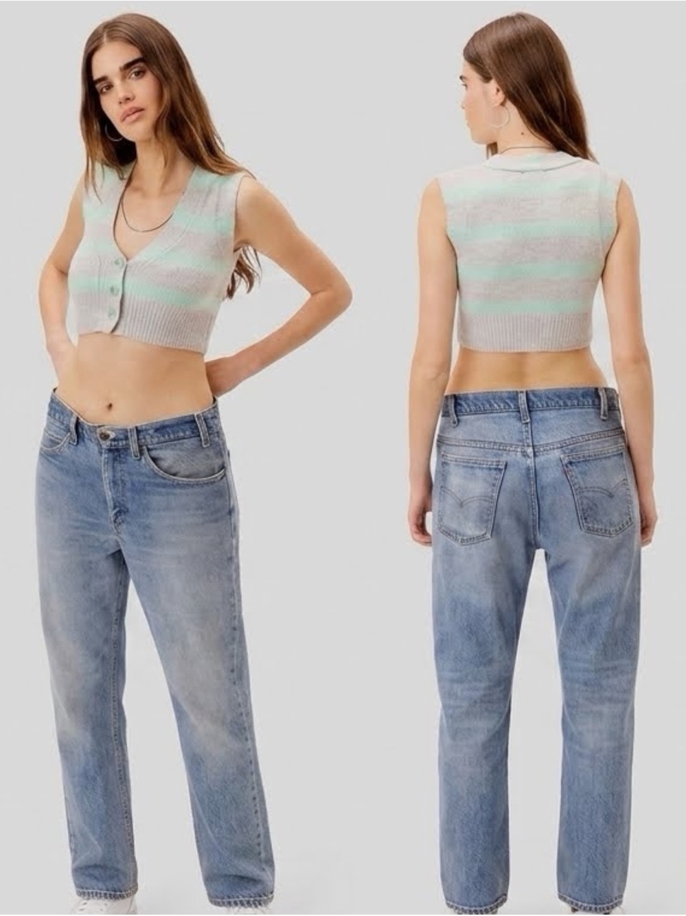 NWT For Love & Lemons Maud Cropped Sweater Vest Mint Gray Stripe M